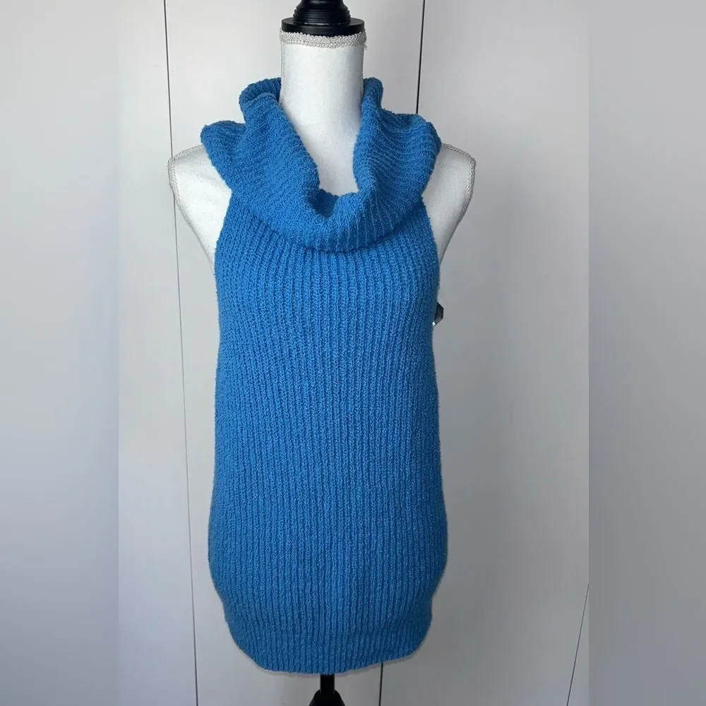 Free People Beach FP Blue Ribbed Chunky Knit Sleeveless Cowl Neck Sweater Sz M